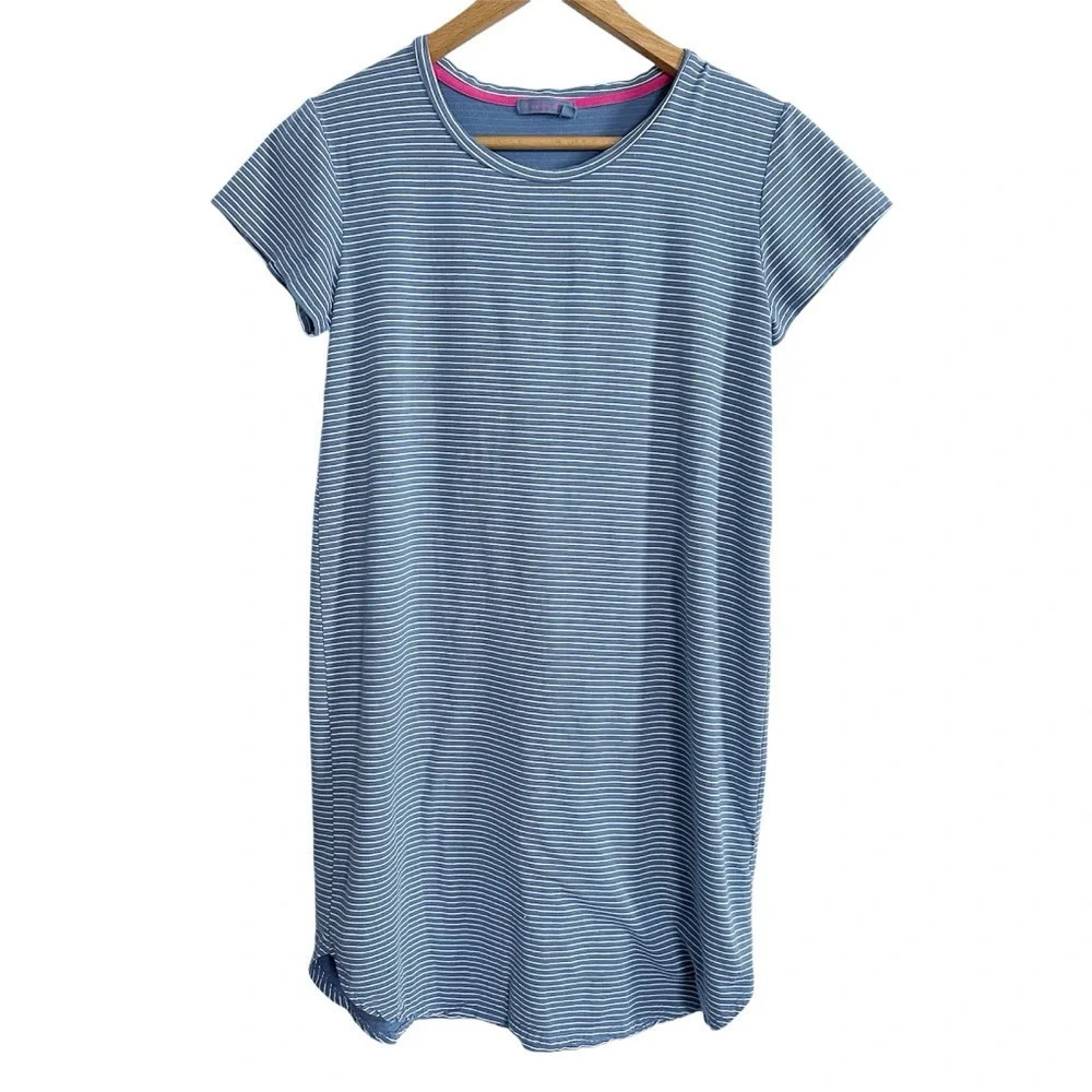 Fresh Produce Shirt Dress Blue White Stripes Medium Round Split Hem Style 22691